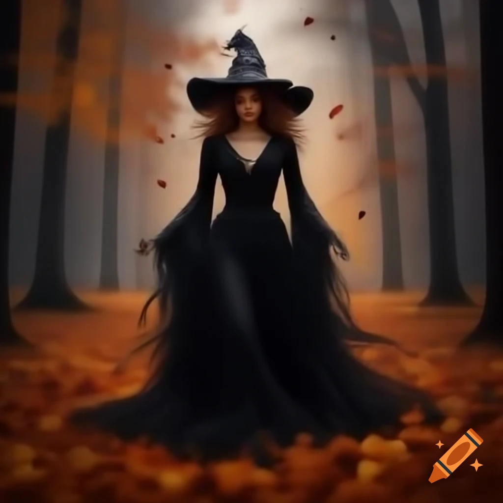 Witch in black gown walking amid bright fall colors