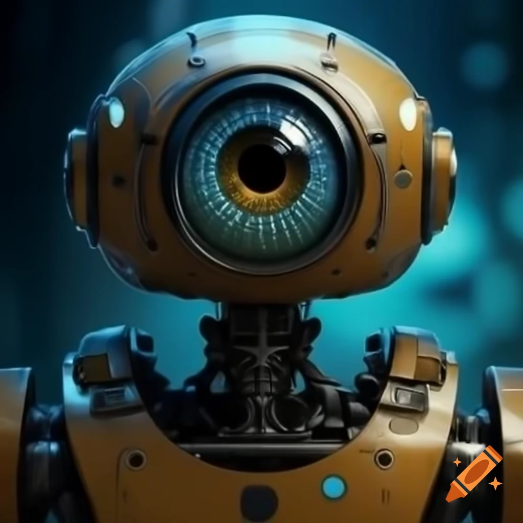 Futuristic robot with large eye in a sci-fi background