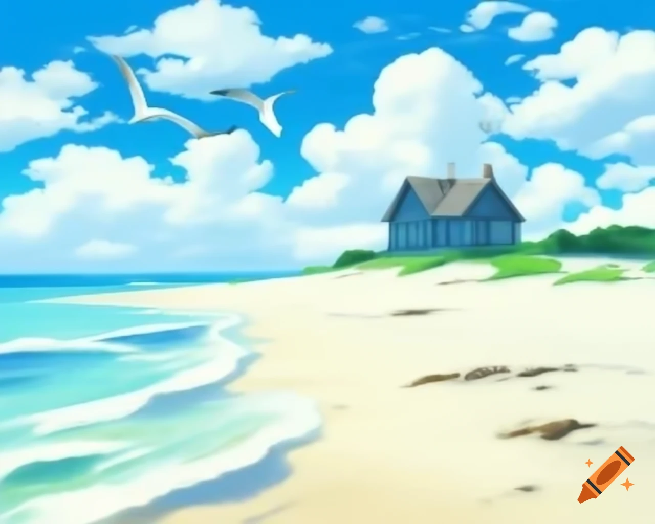 Endless white sand beach with peaceful wooden house under bright sky