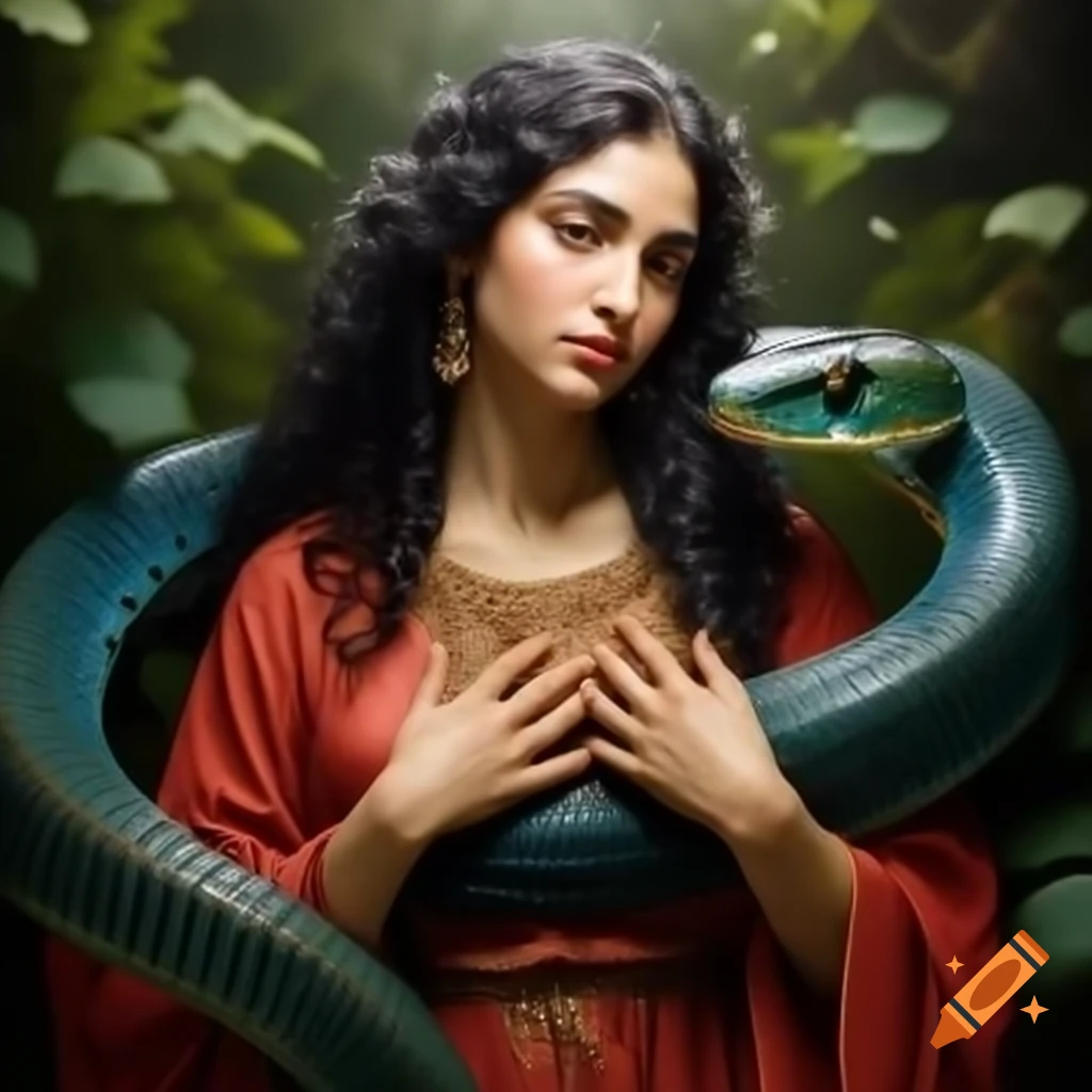 Virgin Mary Magdalene in lush garden with living snake, colorful attire