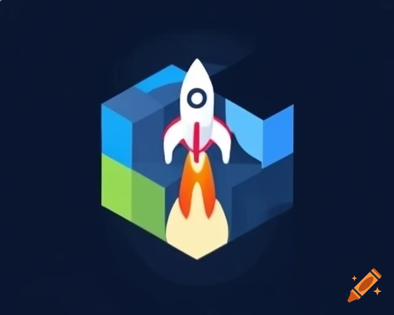 Logo featuring a rocket in front of a blocky Earth design