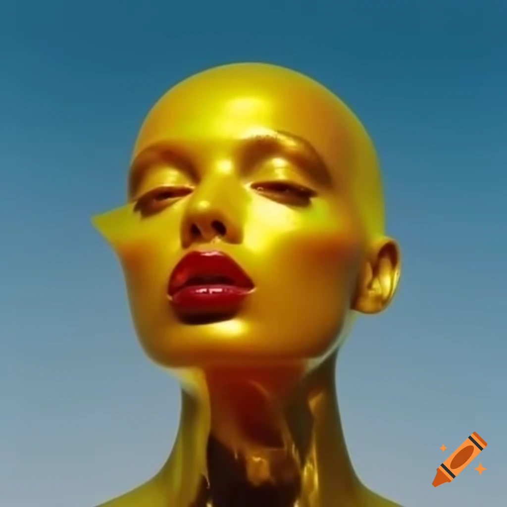 Pop surreal photography featuring iridescent yellow glass statue