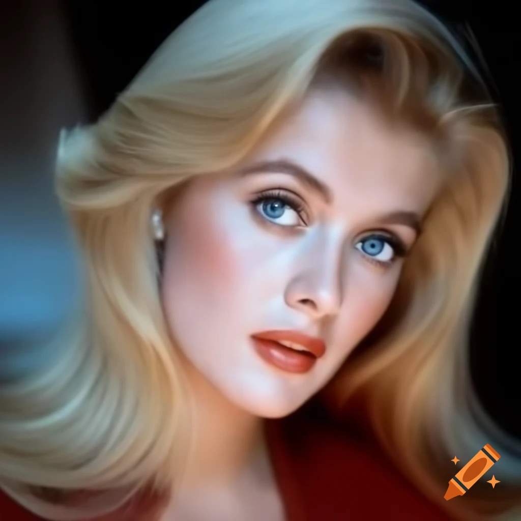 Hyper-realistic color photograph of 1963 European Hollywood actress with porcelain skin and blue eyes