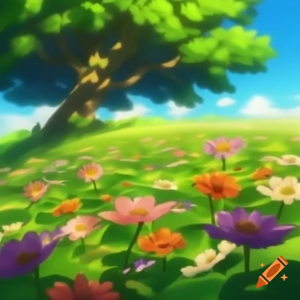 Vibrant garden with colorful flowers and majestic tree under azure sky