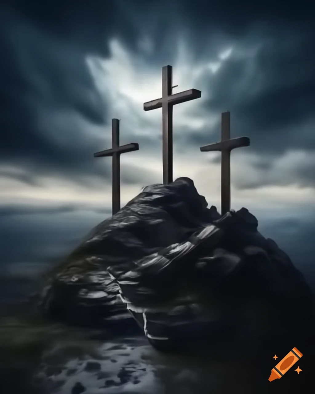 Three crosses on Mount Golgotha during storm and earthquake after Jesus' death