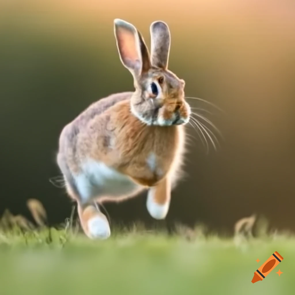 Holland hop rabbit jumping in city park with grassy fields and warm colors