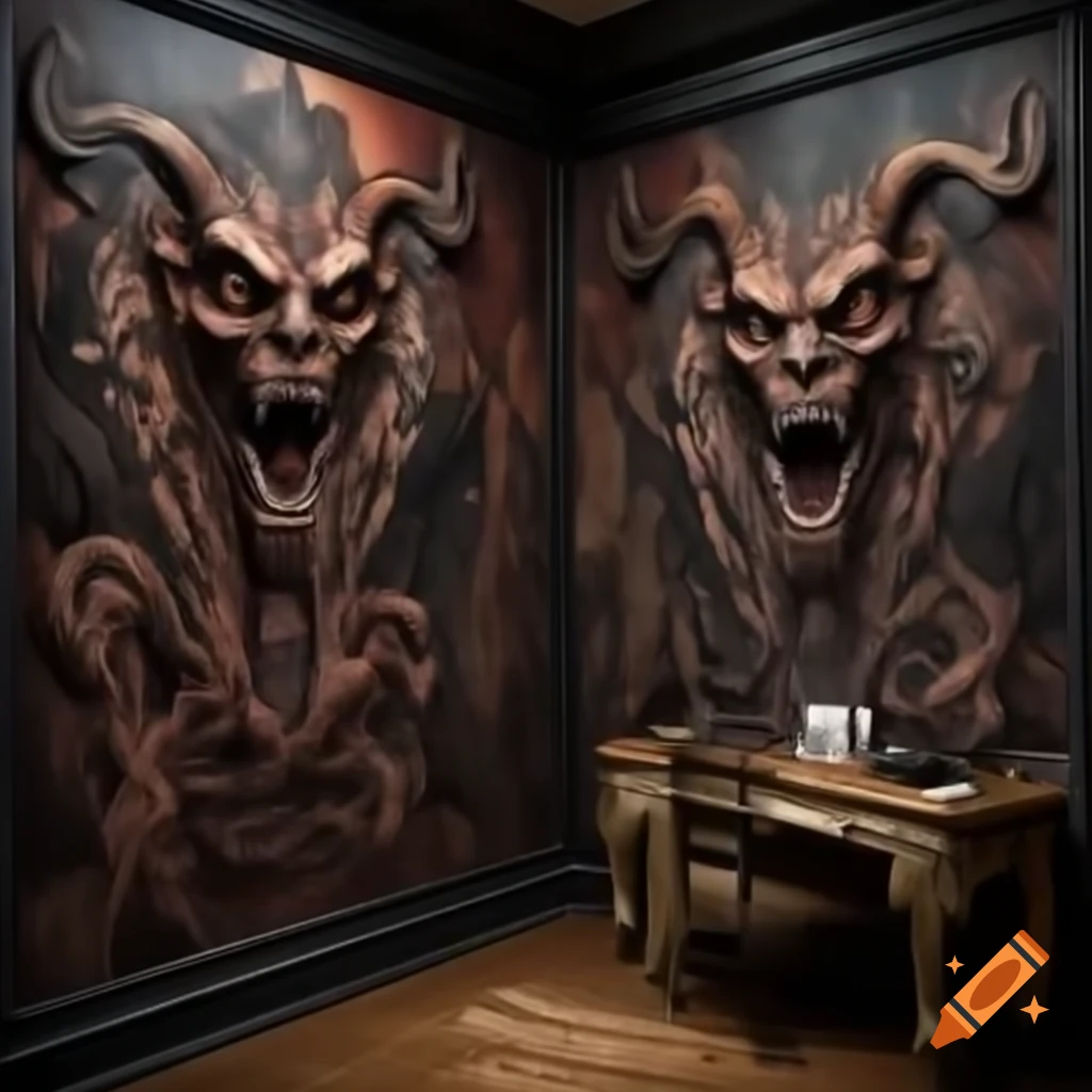 Realistic scary house room with demonic drawings on walls