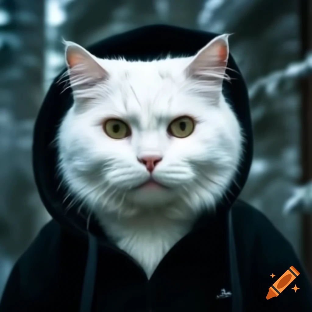 White Norwegian Forest cat in a black hoodie