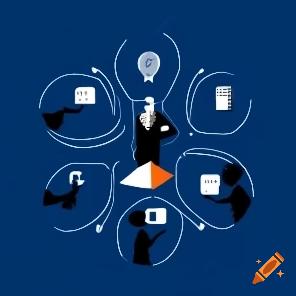 Minimalist depiction of leader engaging with diverse team on dark blue background