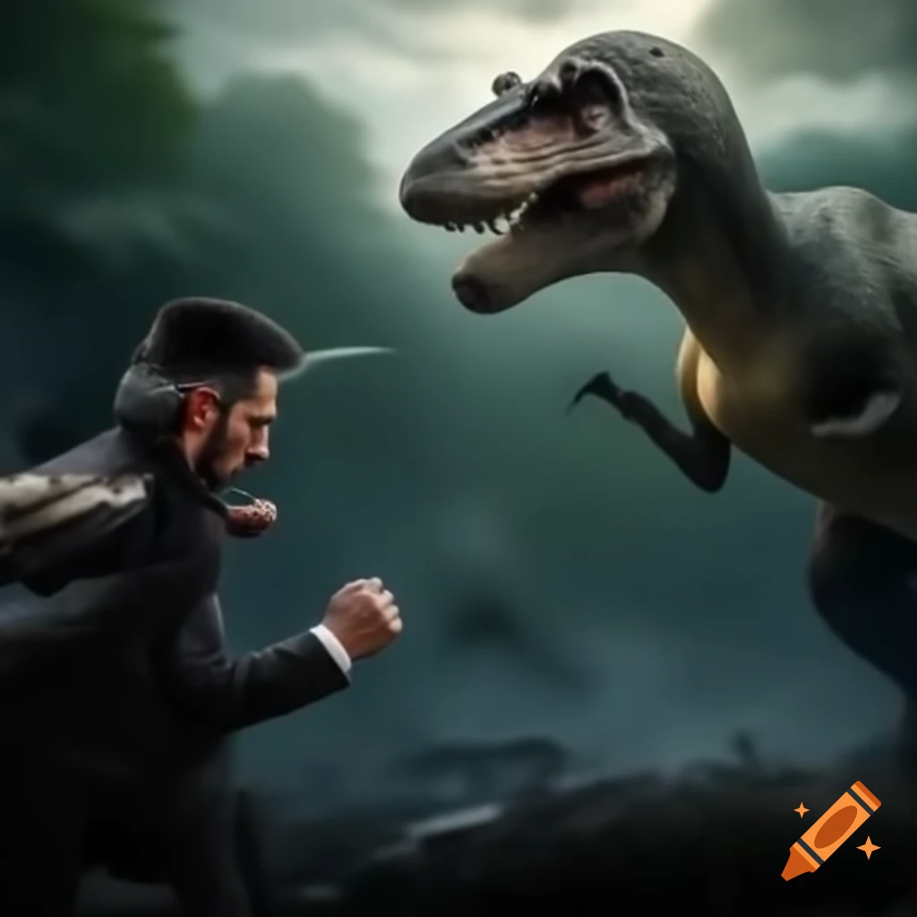 Abraham Lincoln engaged in battle with a dinosaur
