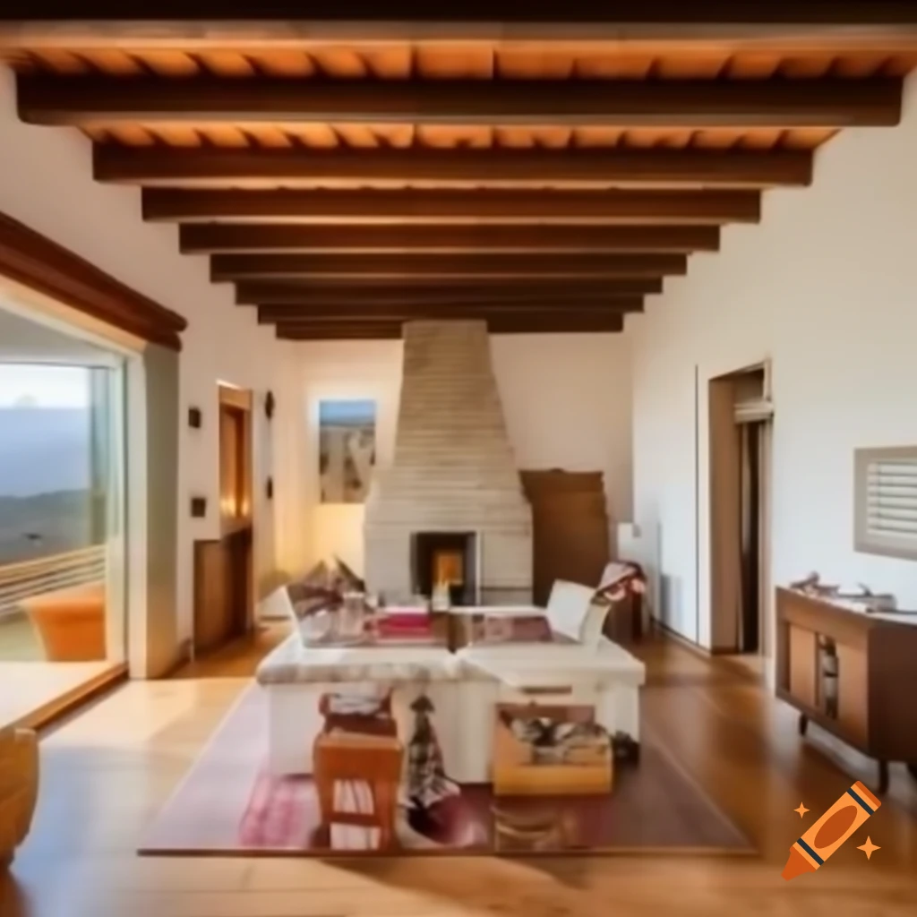 Rustic house interior in Sierra de Madrid with stone walls and wooden beams