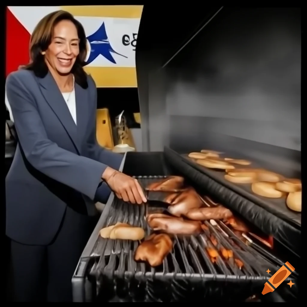 Kamala Harris grilling with cats, Springfield city logo in background