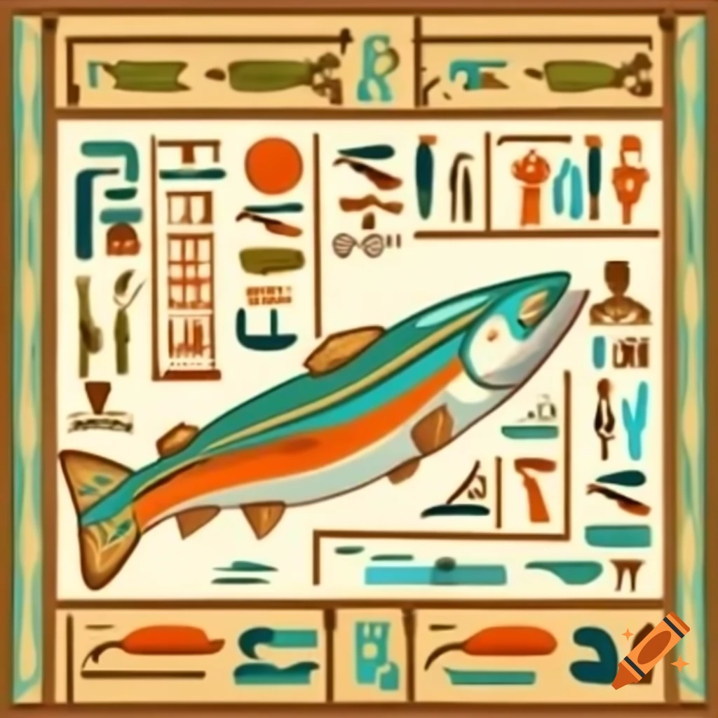 Ancient Egyptian hieroglyphics featuring trout, salmon, and frog
