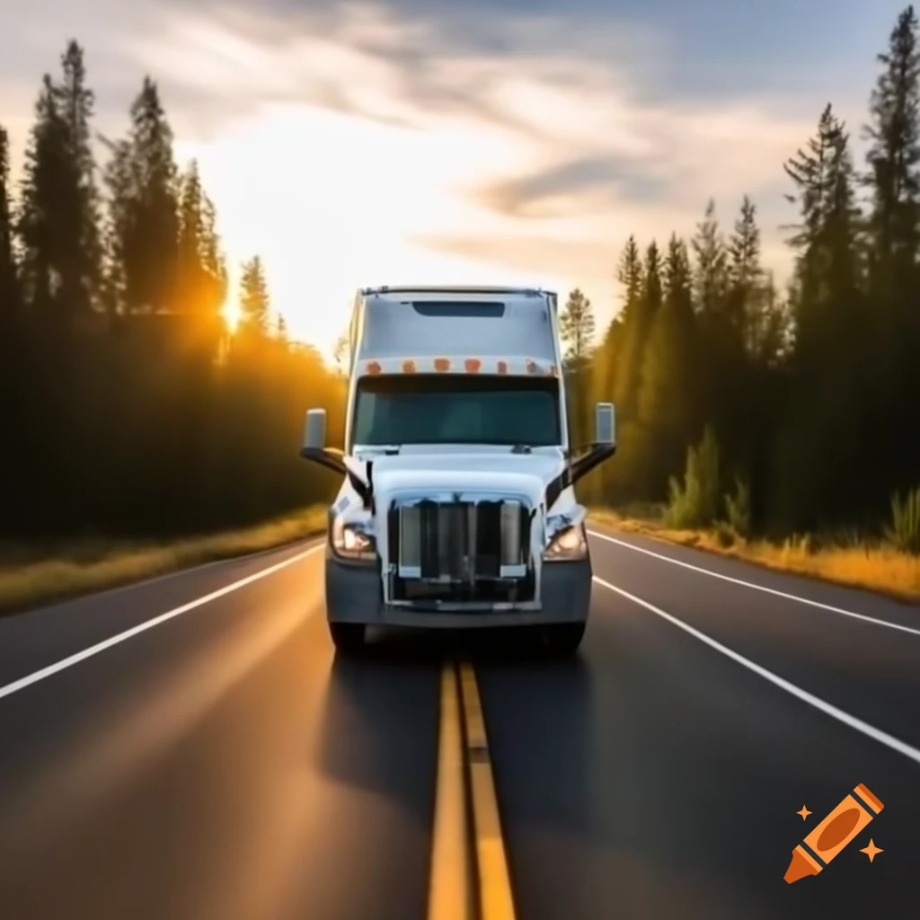 Freightliner Cascadia truck on open road during sunrise or sunset