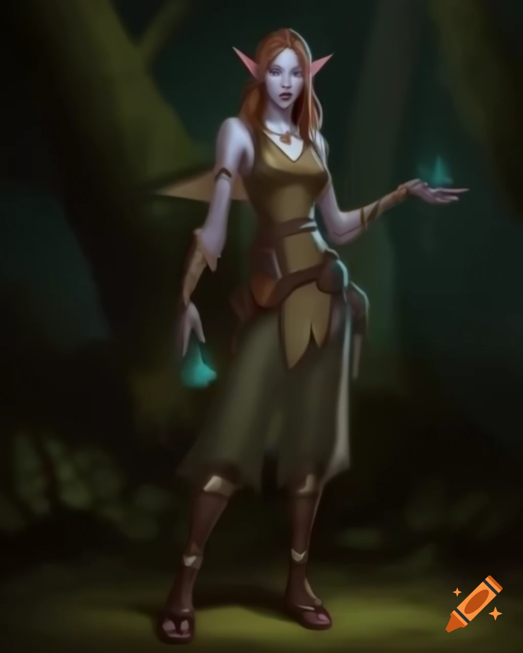 Semi-realistic illustration of female elf sorceress in deep forest
