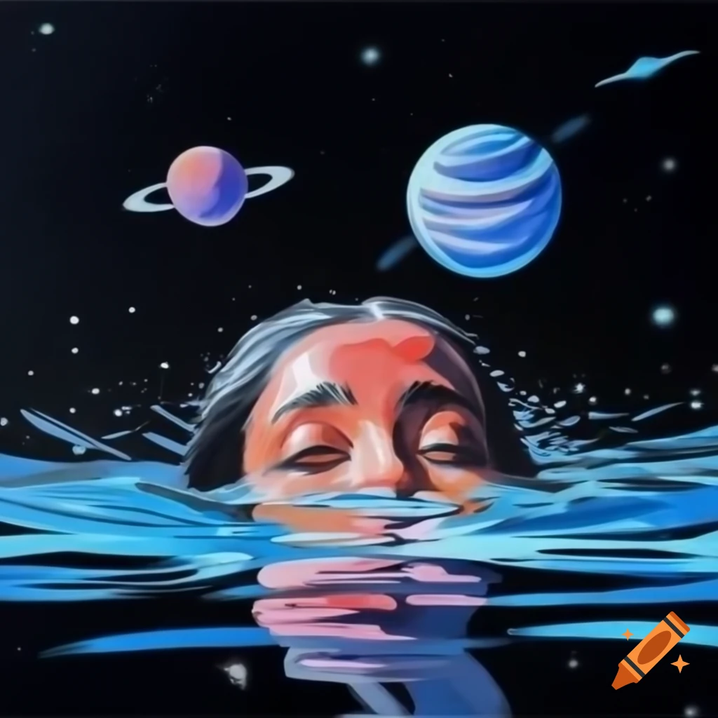 Oil painting of woman immersing in water, viewing stars and comets in space