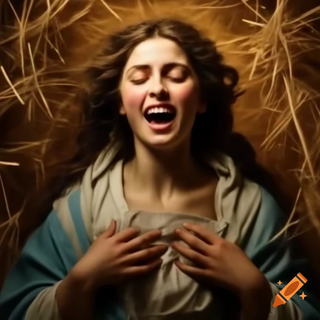 Virgin Mary reclining on straw with natural expression and rosy cheeks