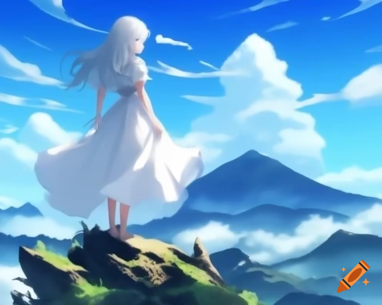 Silver haired girl in white dress on windy mountain
