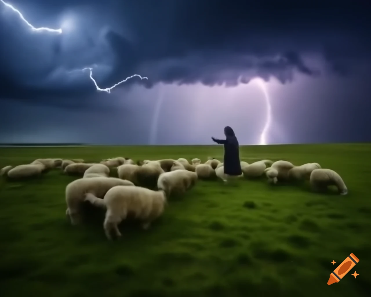 Shepherd in thunderstorm with lightning and sheep around