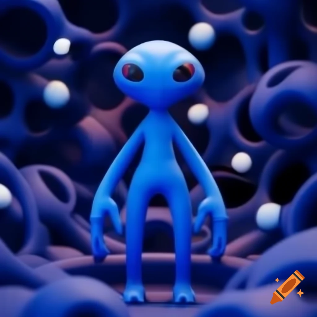 Blue humanoid alien in multicolored hyperbolic environment, 3D rendering