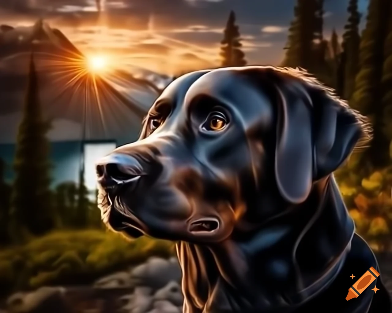 Black Labrador Retriever close-up in forest with trees background
