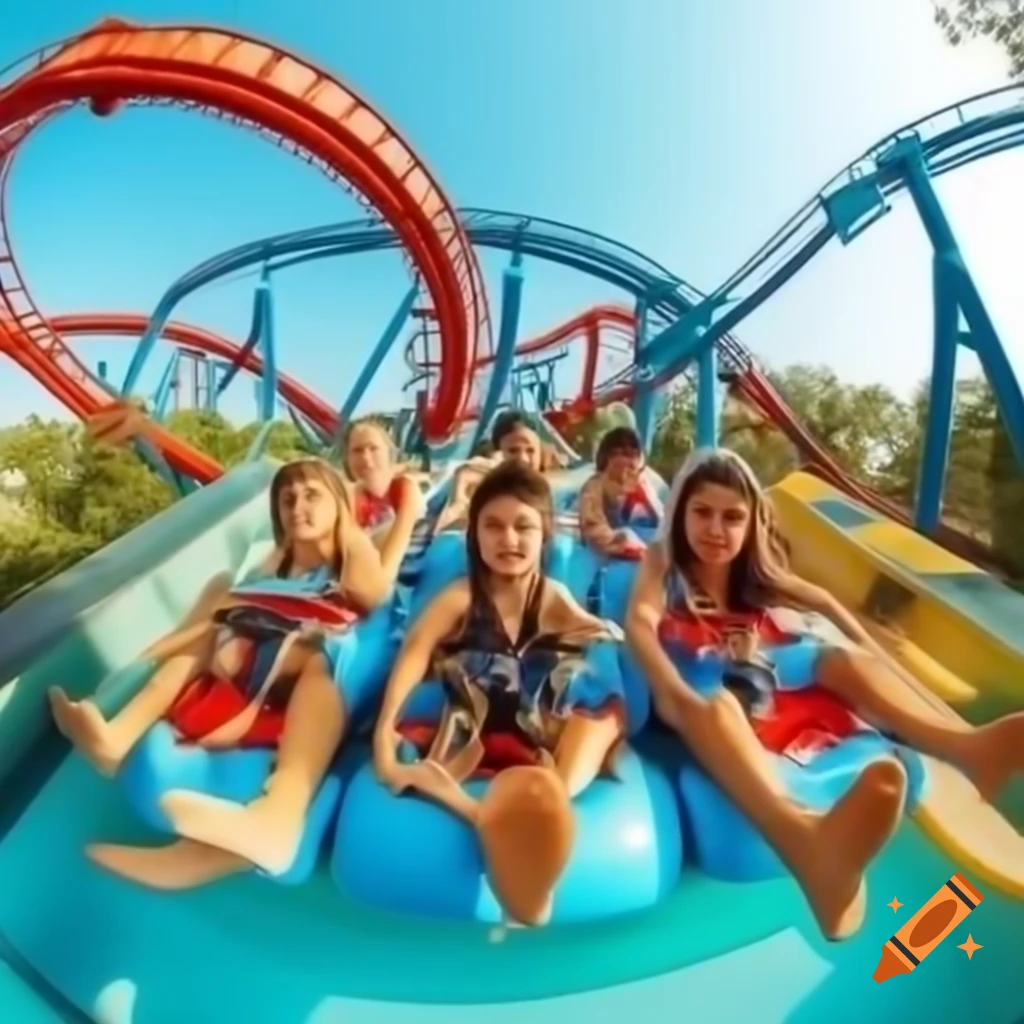 Family enjoying a leisure park with various attractions including roller coasters and water rides