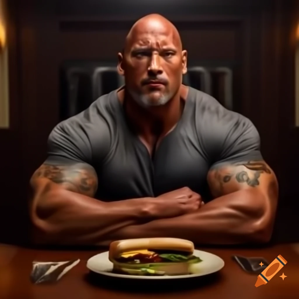 Dwayne Johnson intensely biting into a large sandwich at a table