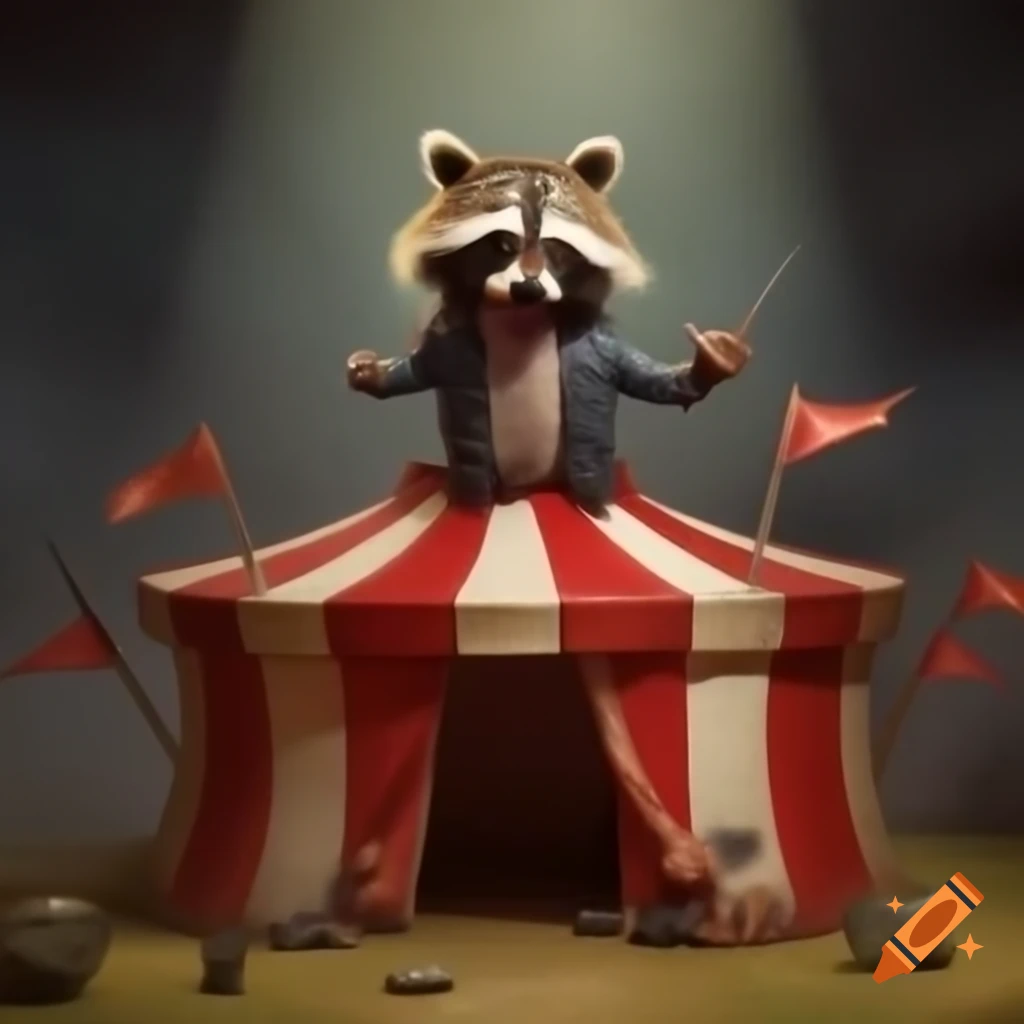 Mischievous raccoon atop circus tent, raising flag with anarchy symbol