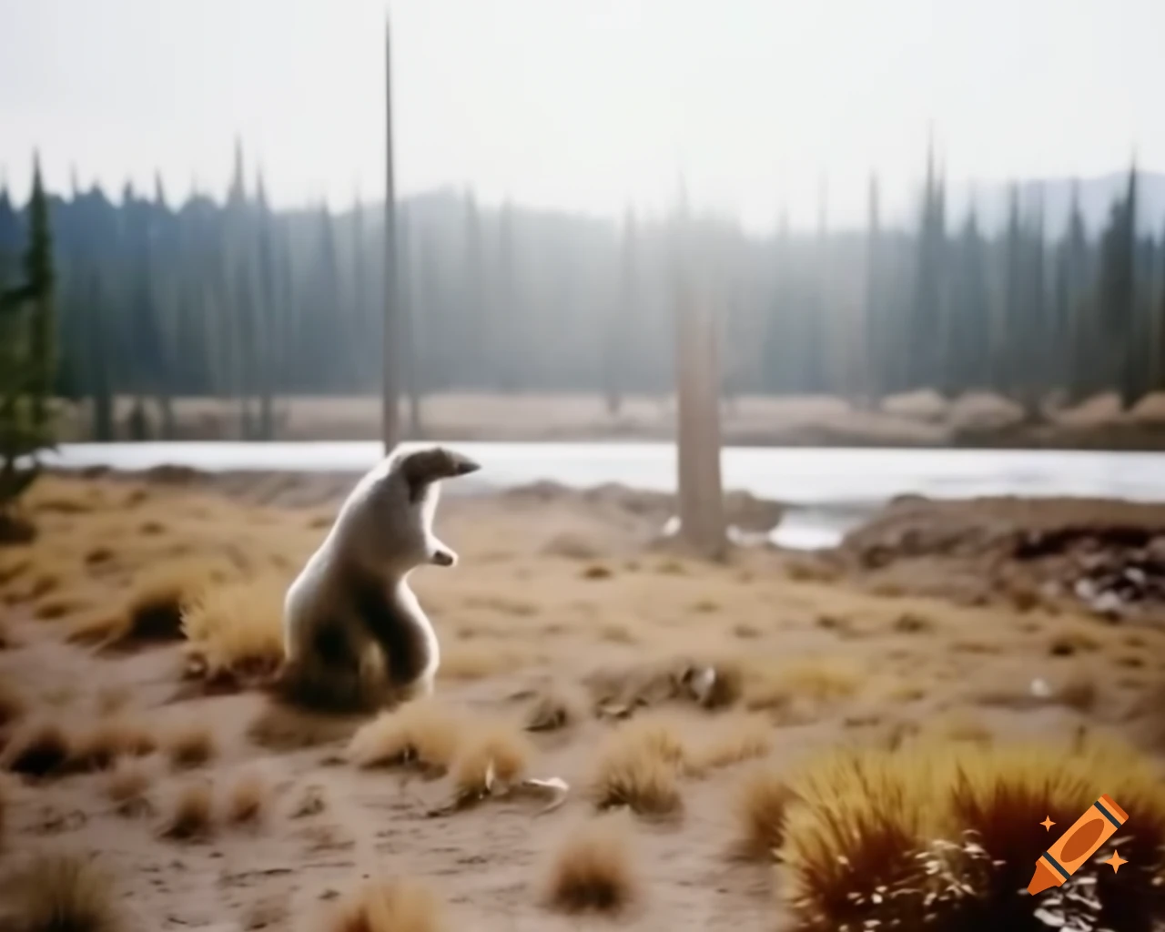 Found footage of bipedal hybrid creature walking upright by river bank