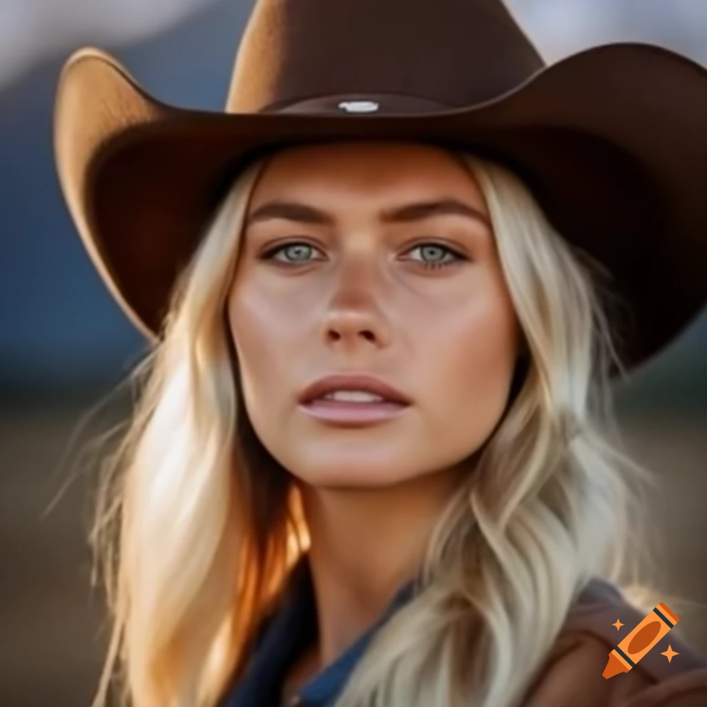 Blonde woman wearing cowboy hat in country setting