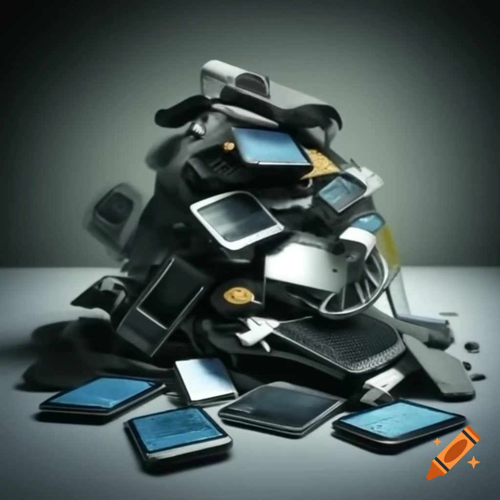 Pile of broken electronic mobile devices on a table