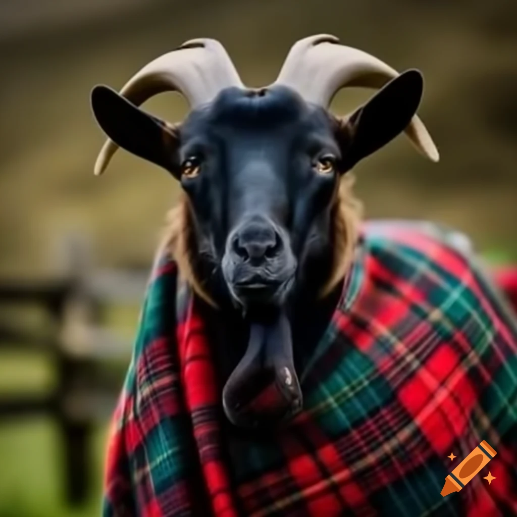 Scottish goat dressed in traditional kilt attire