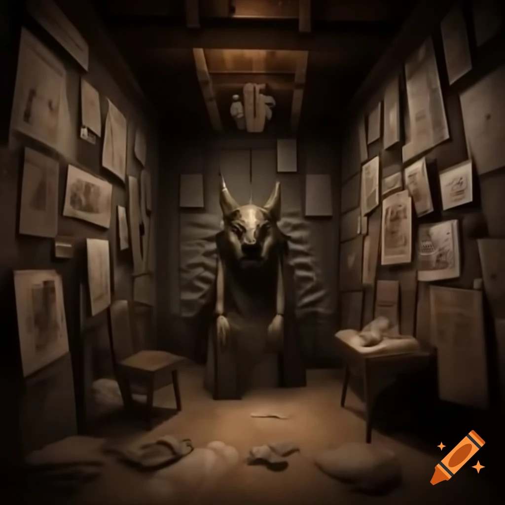 Scary house room with demonic drawings on the walls