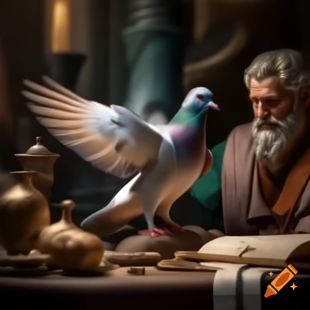 Pigeon being taught by Greek philosopher in a classroom setting