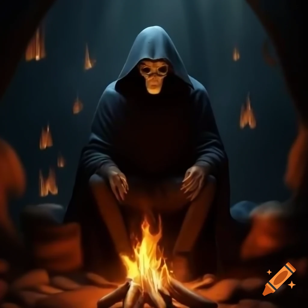 Sinister cloaked figure sitting by campfire with mysterious shapes in shadows