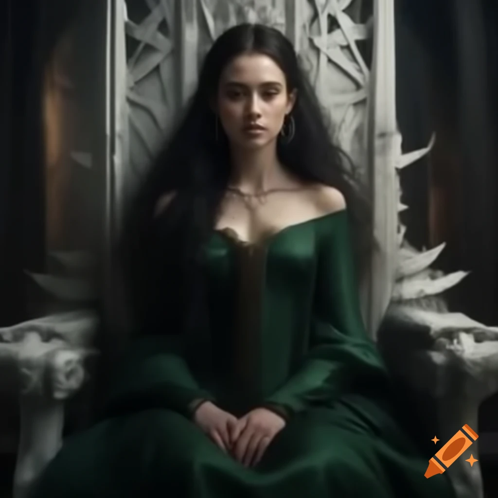 Young woman with black hair and green eyes in dark green gown on white throne in medieval room