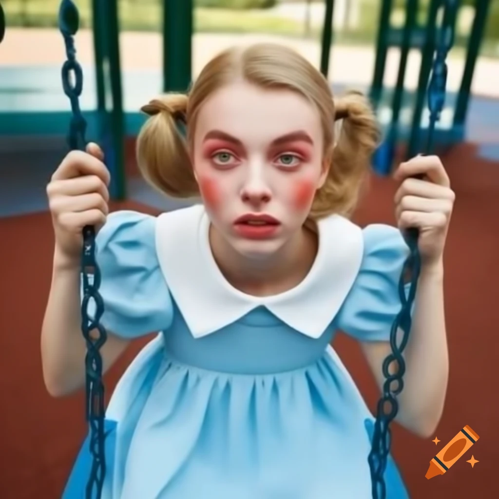 woman-in-light-blue-dress-with-pigtails-swinging-joyfully-on-playground