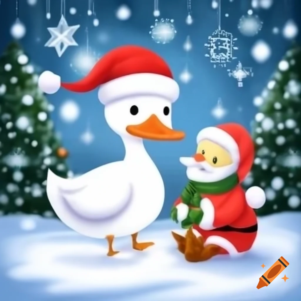 Duck in Santa hat sitting on Santa Claus lap in snowy Christmas background