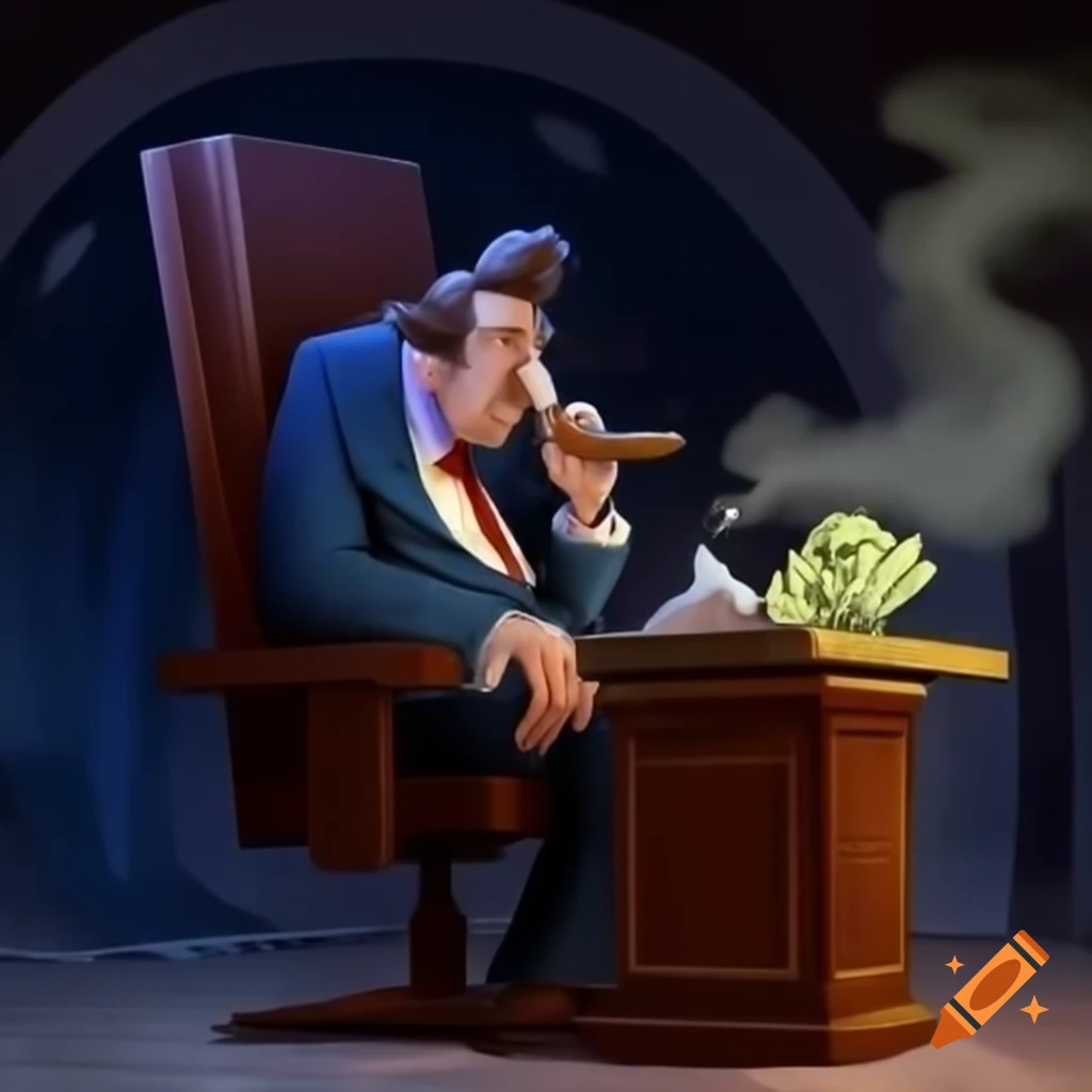 Wealthy man smoking cigar in a vault filled with cash and desk