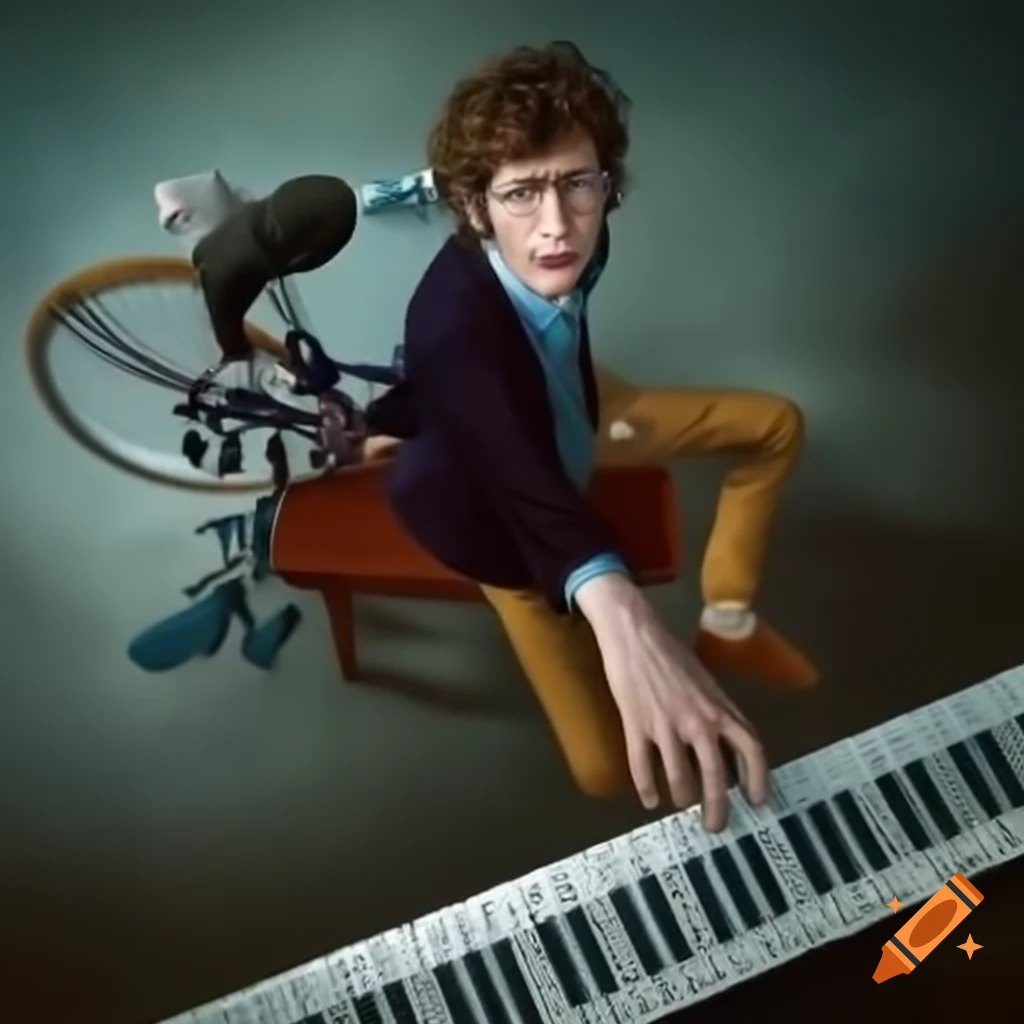 Man riding bike and playing piano simultaneously