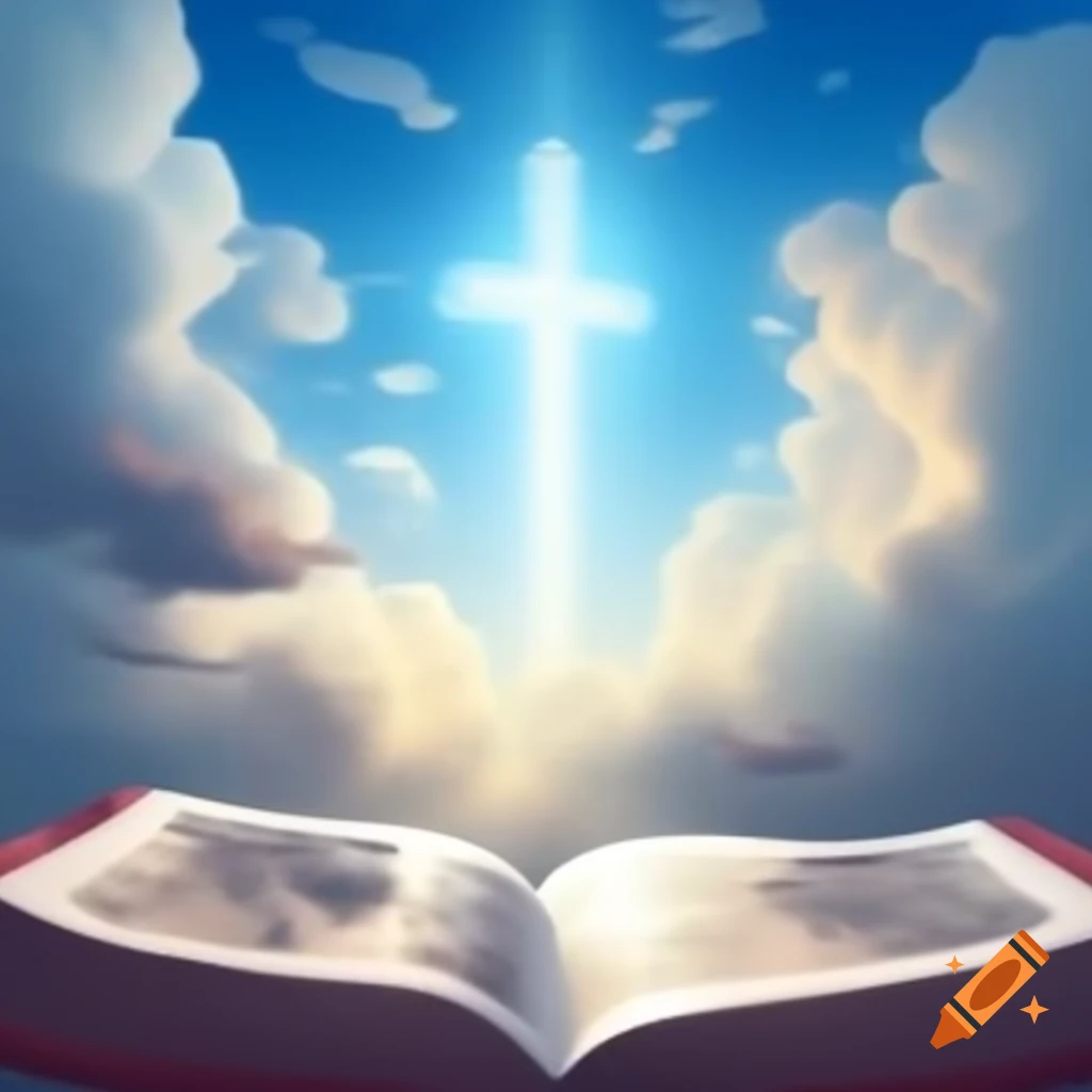 Open Bible symbolizing beliefs with serene landscape in background