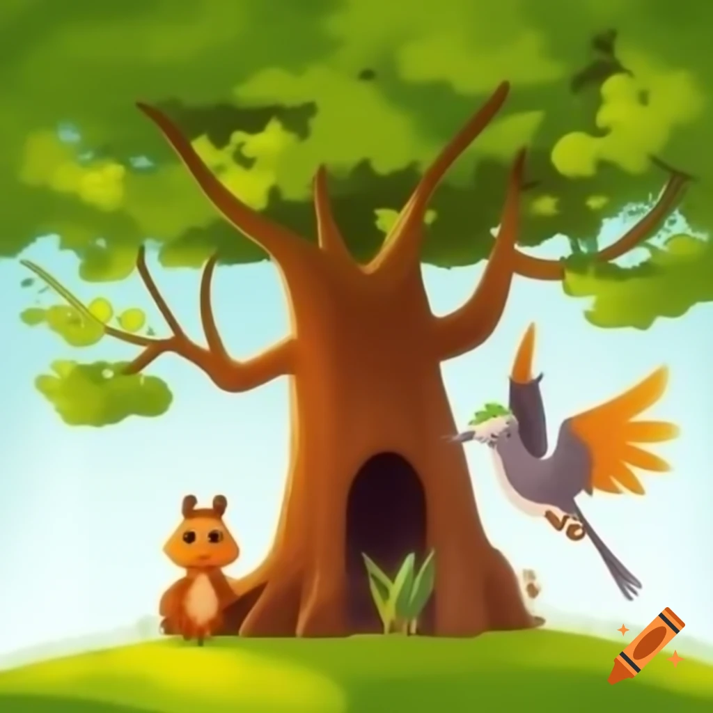 Cartoon depiction of large beech tree with bird and squirrel