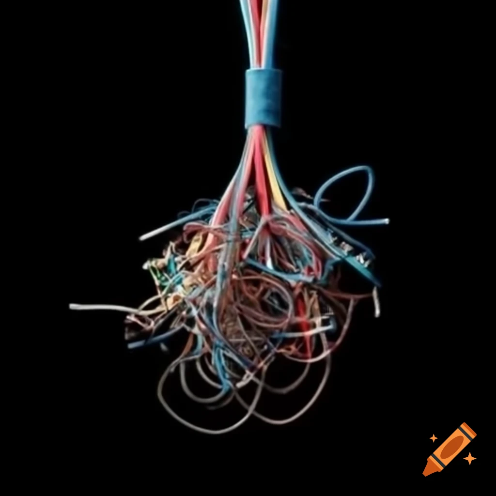 Tangled battery cables connected to a large battery
