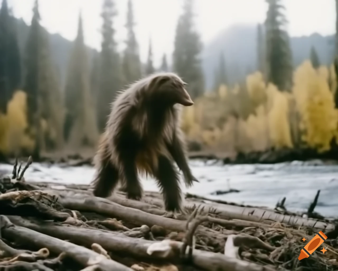 Footage of mysterious dark hairy creature walking upright near river bank