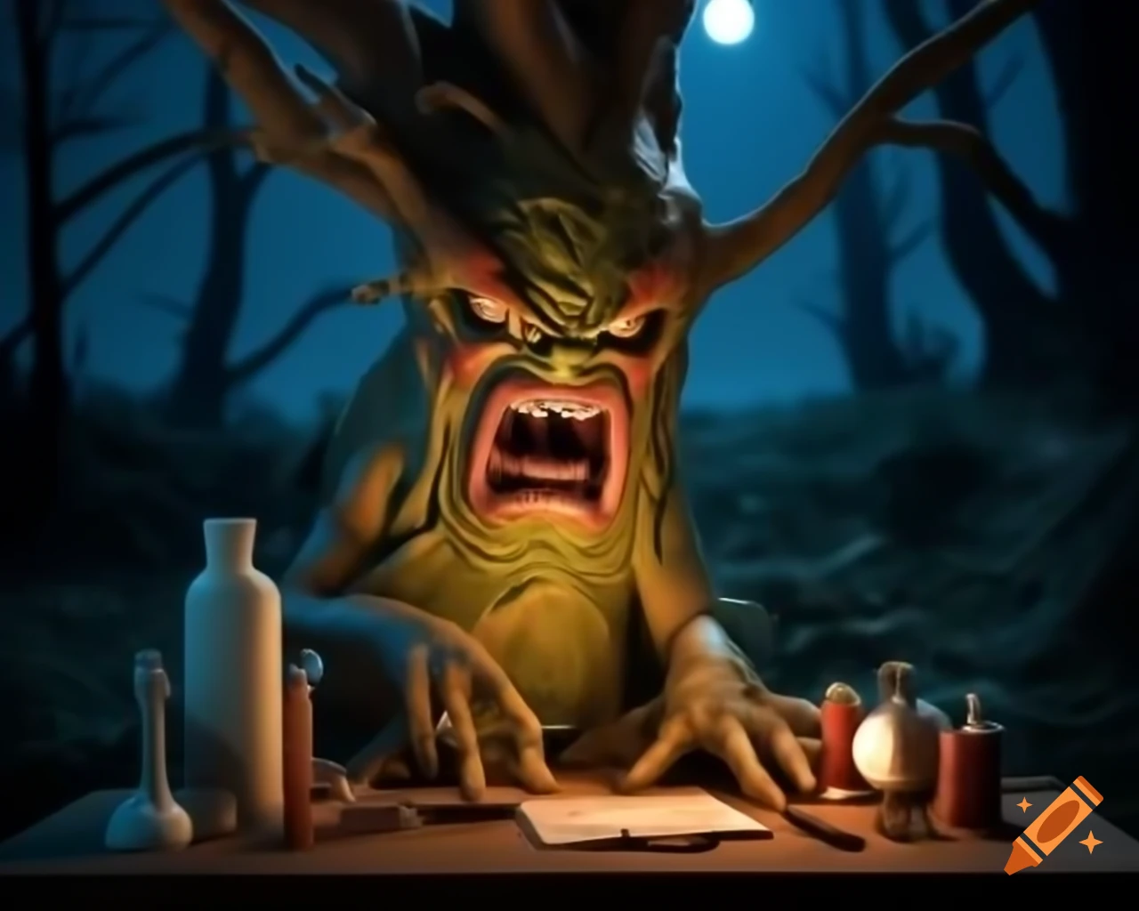 Hyper-realistic 3D tree monster with human-like teeth and fangs on wooden table surrounded by gluttony props and an orb in dark woods