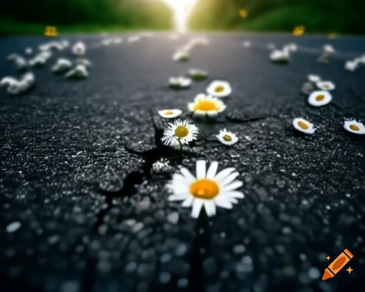 Close-up of daisies growing in cracked asphalt on abandoned city street, high-detail painting