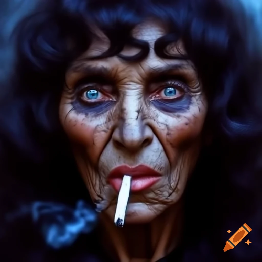 Old woman with long face and black curly hair smoking a cigarette