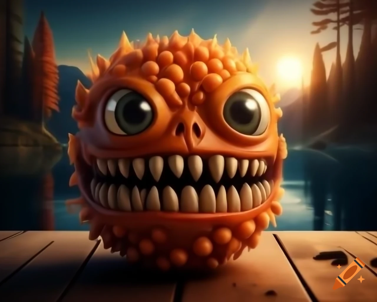 Hyper-realistic 3D orange monster with human features on wooden table
