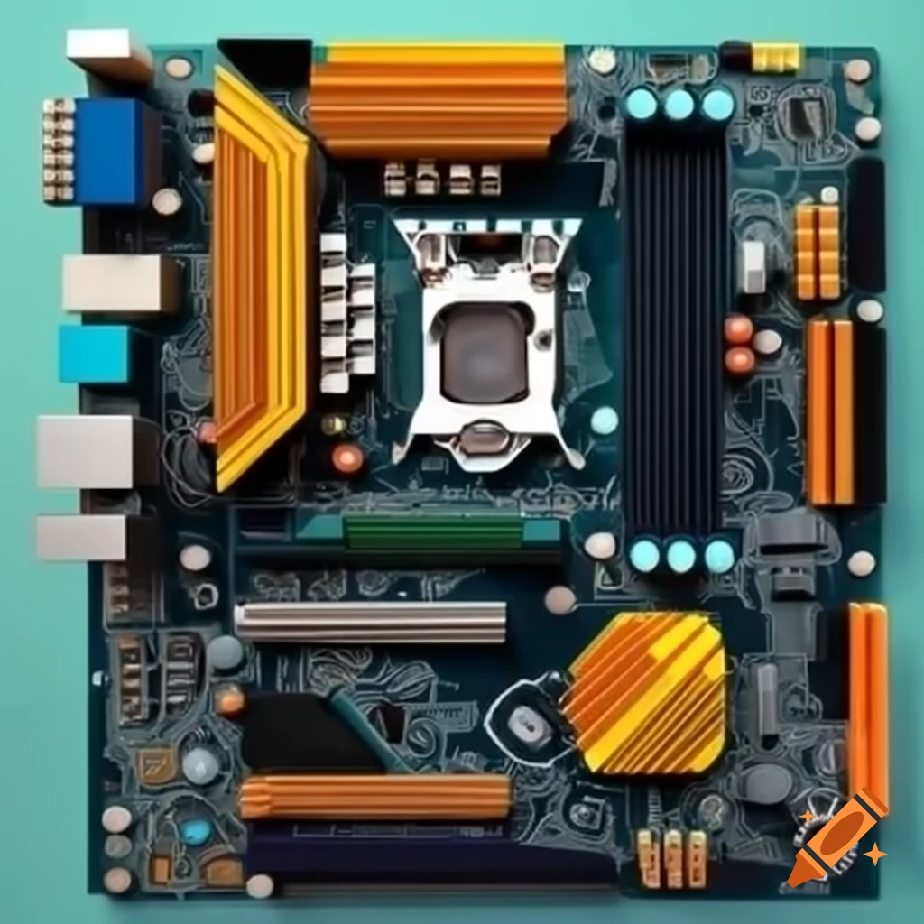 Close-up of a computer motherboard showing intricate circuit design