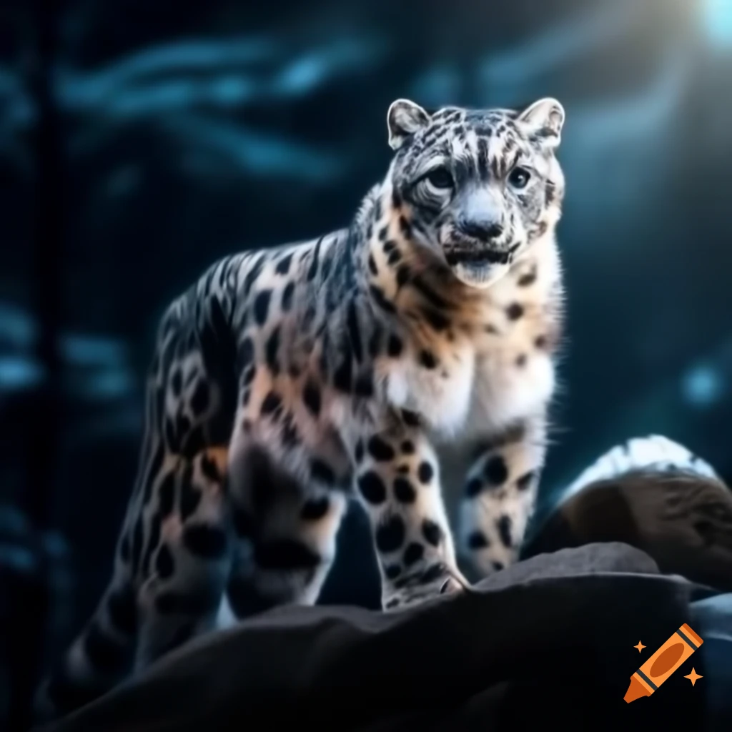 Snow leopard on rocky outcrop illuminated by moonlight